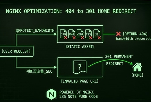 Nginx 纯代码优化：404 页面优雅 301 跳转首页-me235